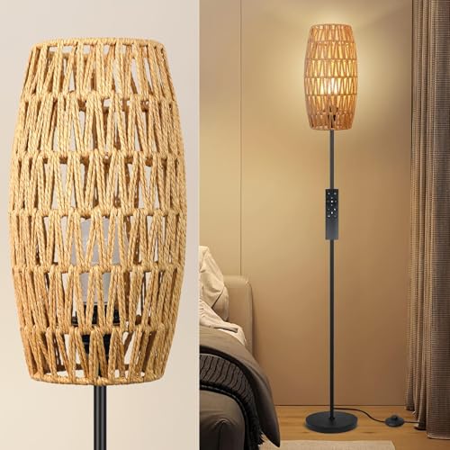 Ruiever Floor Lamp for Living Room,Farmhouse Floor lamp,Modern Standing lamp with Hand-Worked Rattan Shade (Drum Shade-with Remote) - style: Drum Shade-with Remote