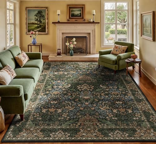 8x10 Floral Washable Area Rug for Living Room, Vintage Boho Large Rugs for Bedroom Dining Room, Botanical Birds Non Slip Low Pile Forest Throw Carpet for Farmhouse Office, Retro Gold/Green - color: Gold Green (Larger Pattern), size: 8' x 10' (Rectangular)