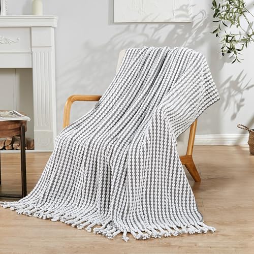 Striped Knit Throw Blanket with Braided Tassels 50" x 60", Hand Knitted Soft Chunky Chain Design Boho Farmhouse Blanket, Two Tone Tassel Decor Throw for Couch Bed Sofa Outdoor, Gray White - color: Gray White