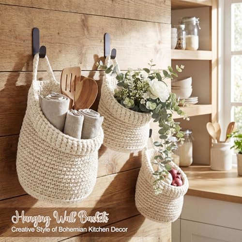 Honeydak Boho Decor Hanging Wall Baskets for Kitchen 3 Pack Teardrop Baskets with Hooks Storage Fruit Onion Vegetable Potato for Home 3 Sizes(White,Barrel,Cotton Rope) - color: White, size: Cotton Rope, style: Barrel