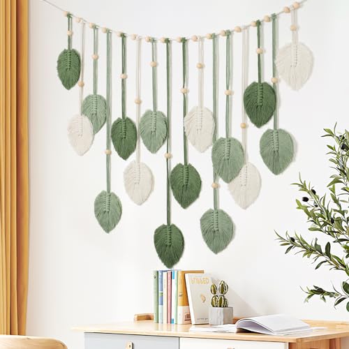Betylifoy Macrame Wall Hanging Large Macrame Leaves Tapestry Wall Hanging Decoration Boho Handmade Woven Leaf Feather Wall Art Decor for Nursery Bedroom Living Room Office Christmas Thanksgiving Decor, 29 X 51 Inch (Green) - color: Green