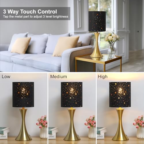 Touch Lamp for Bedroom, 3 Way Dimmable Gold Table Lamp with Black Starry Shade, Decorative Nightstand Lamp Ambient Beside Light for Living Room, Guest Room, Office 3000K LED Bulb Included - color: Gold Base with Stars Shade