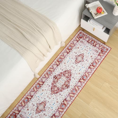 Amearea Vintage Design Runner Rugs for Living Room, 2x6 Machine Washable Floral Collection Traditional Bedroom Rug, Low Pile Cute Kids Room Print Carpet, No Slip Office Kitchen Home Decor, Red - color: Red, size: 2' X 6' (Runner)
