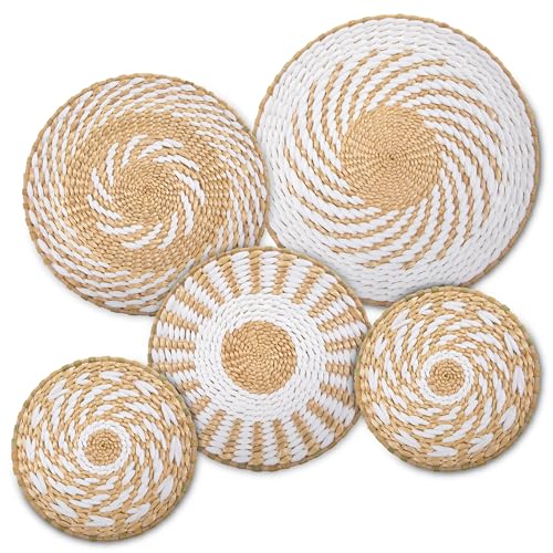 Crafts Central Boho Wall Basket Decor with Included Wall Hooks – Rattan Hand Crafted Wall Art - Bohemian Rustic Home Décor for Kitchen, Living Room, and Bedroom - Set of 5 Woven Baskets