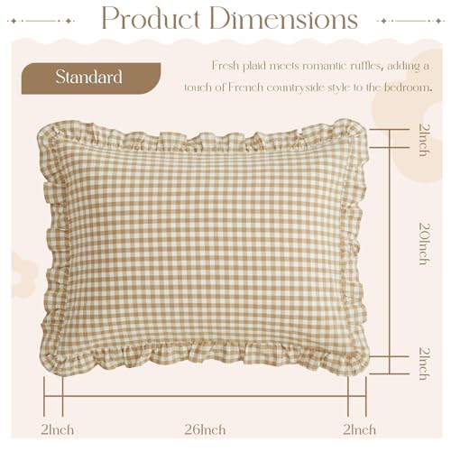 KKJIAF 2 Pcs Plaid Ruffle Pillow Case Standard Size, Ruffled Gingham Cotton Pillowcases 20x26 Inch, Linen Feel Plaid Bed Pillow Shams with Envelope Closure for Bed Sofa (Taupe) - color: Taupe/White Plaid, size: 26" x 20" (Pack of 2)