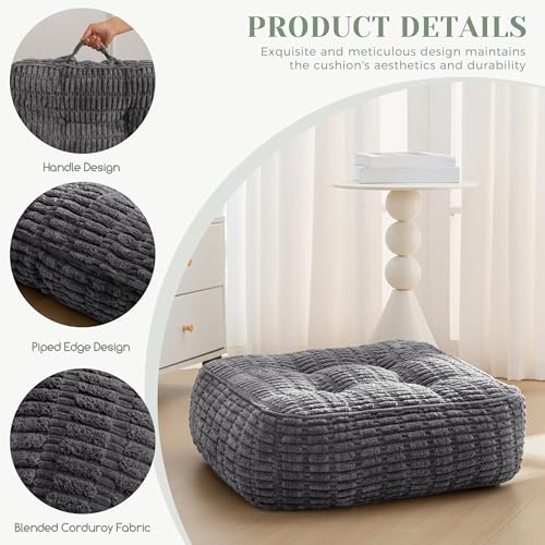 HIGOGOGO 8" Floor Pillow Cushion for Adults, Meditation Cushion Pillow, Blended Corduroy Cover, Large Square Floor Sitting for Tatami Living Room or Yoga, 2Pack, Dark Grey - color: Square Dark Grey, size: 8" Thick(Pack of 2)