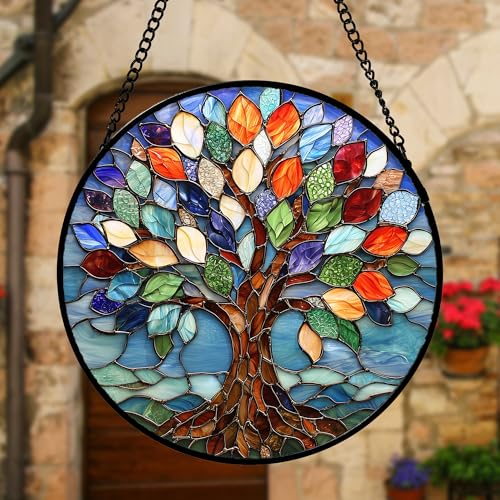 DASTOLL Stained Glass Window Hanging, Colorful Tree of Life Sun Catchers Glass Panel Blue Suncatcher Decor for Birthday for Women, Men, Wife, Aunt, and Mom 9.8 in - color: Colorful, size: 9.8x9.8 IN