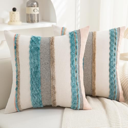Boho Pillow Covers 18x18 Set of 2 for Couch-Modern Farmhouse Sofa Decorative Teal Throw Pillow Covers Textured Chenille Cushion Covers Outdoor Netural Bohemian Pillow Cases Square - color: Teal Stripe