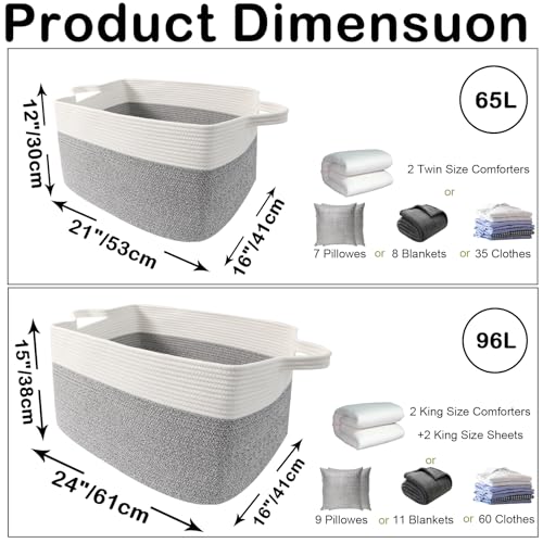 96L Large Blanket Basket,24"x16"x15"Rectangle Storage Bin with Handles,Woven Rope Laundry Basket for Toys, Clothes,Magazines,Home Organization,Nursery,Living Room & Bedroom,White&Grey - color: White & Grey, size: 24"x16"x15"(96L)