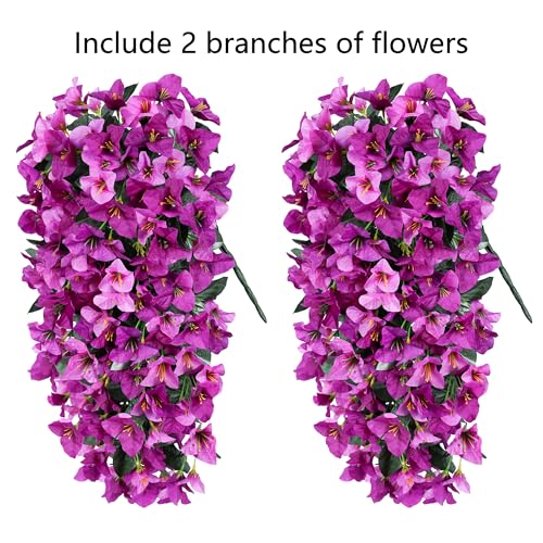 Faux Bougainvillea Artificial Flowers Plants for Outdoors Outside Decoration, 2pcs Realistic Fake Flowers UV Resistant Silk Long Trailing Vines for Front Door Planter Patio Balcony Yard Garden, Mix - color: Light Fuchsia + Fuchsia