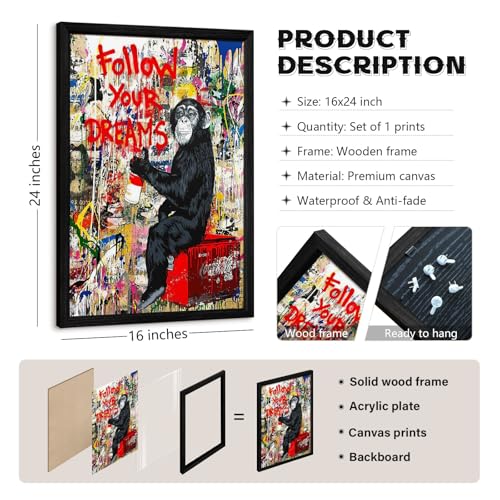 Banksy Canvas Wall Art Monkey Follow Your Dreams Street Graffiti Wall Art Banksy Prints Gorilla Poster Monkey Artwork Graffiti Pictures Painting for Home Living Room Decor 16x24 Inch Black Framed - color: Monkey Prints, size: 16x24 Inch Black Framed