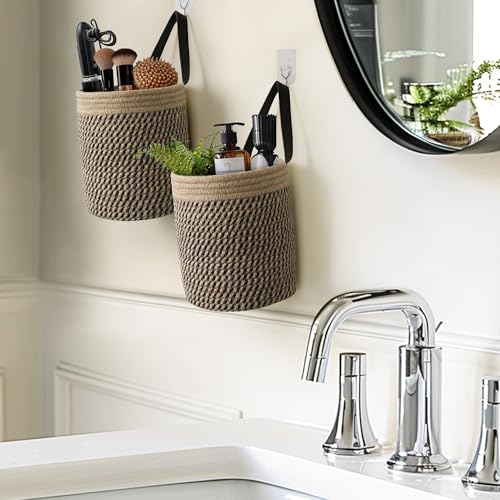 Hanging Basket 2 Pack, Small Wicker Wall Baskets for Organizing, Woven Boho Wall Hanging Decor, Indoor Plant Holder, Cotton Rope Door Organizer, Shelf Storage Bin, 7"D x 8"H (Black Stripes) - color: Black Stripes