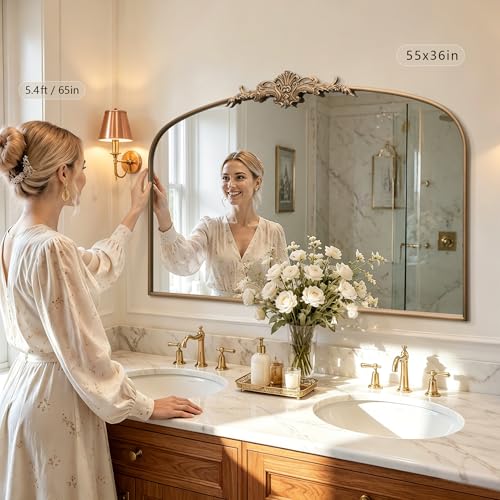 Besdomus Vintage Arched Gold Mirror: 55"x36" French Brass Antique Vanity Mirror - Overmax Decorative Baroque Traditional Ornate for Home Renovation Decor - Idea for Entryway/Fireplace/Bathroom - color: Brass Gold, size: 36"L x 55"W