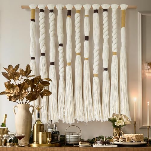 Flber Macrame Wall Hanging Woven Knot and Tassel Fringe Handmade Boho Wall Art for Bedroom, Living Room, or Entryway Decor 27" W x 29" L - color: Ivory3