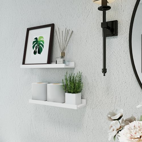 White Floating Shelves for Wall Decor, Wall Mounted Wood Storage Shelf for Bedroom, Living Room, Bathroom, Kitchen, Nursery, Display Picture Ledge Shelf with Lip Set of 2-14 Inches, White - color: White, size: 13.6in