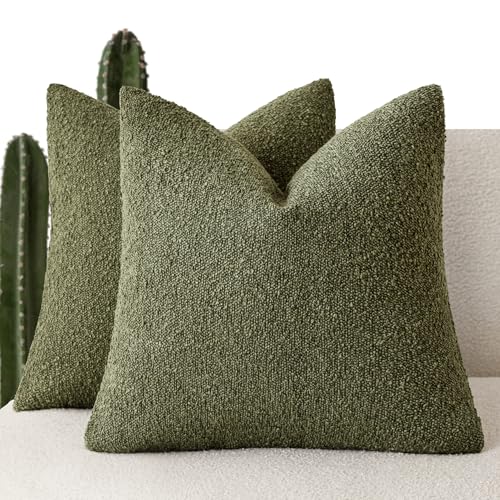 Foindtower Set of 2, Decorative Textured Boucle Throw Pillow Covers Accent Solid Pillow Cases Neutral Soft Cozy Couch Cushion Case for Chair Sofa Bedroom Living Room Home Decor 16x16 Inch Moss Green - color: Moss Green, size: 16" x 16" (Pack of 2)