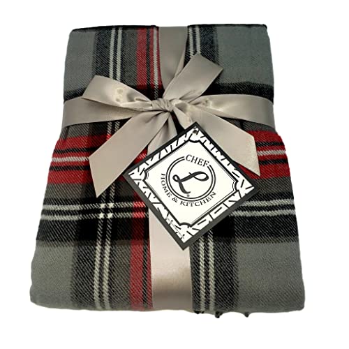 CHEF L HOME & KITCHEN Lightwight Throw Gray/RED Plaid with Tassels/Fringe- 60" x 50" - color: Gray