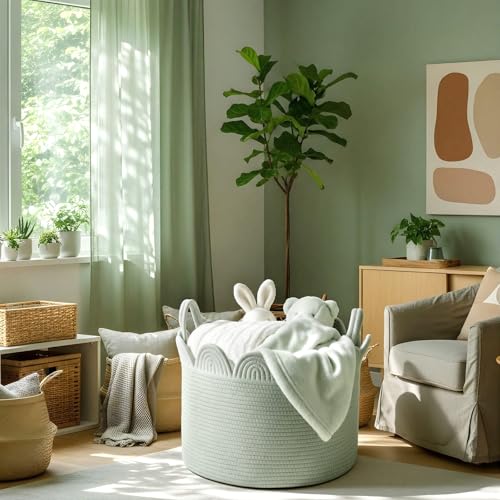 LemonRoad Sage Green Round Basket Large Blanket Basket 15.8"L x 15.8"W X13.8"H Scalloped Woven Baskets Cotton Storage Baskets for Nursery Classroom Closet Blankets Storage Home Decor - color: Sage Green, size: 15.8" L X 15.8" W X13.8" H