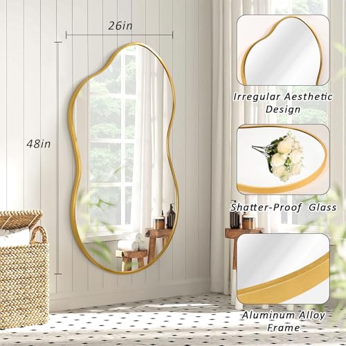 JJUUYOU Wall Mirror Irregular Metal Framed Decorative Gold Mirrors Large 26"x47" Asymmetrical Modern for Bedroom Living Room Entryway Hallway Hanging Home Decor - color: Gold, size: 47"L x 26"W