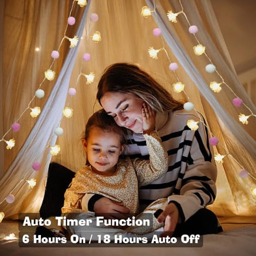 ChiRee 9.85Ft String Lights 20 Cute Pink Pompoms 20 LEDs Rose Fairy Lights Garland Battey Operated with Timer Flower Lights for Bedroom Kids Room Party Birthday Wedding Valentines Decorations - style: Pink-Rose