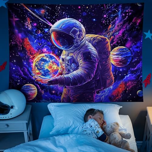NYZE Astronaut Space Tapestry for Bedroom, Glow in the Dark Room Decor Wall Tapestries, Cool Galaxy Planet Wall Hanging, Wall Hanging for Men Guys Gamer Room Dorm Living Room 59in×51in - color: A-Astronaut, size: 59"L x 51"W