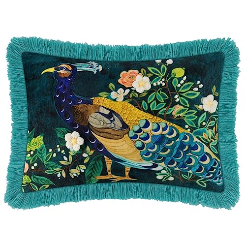 JWH Blue Green Peacock Throw Pillow Cover Flower Print Pillow Case Decorative Chenille Flowers Cushion Tassel Pillowcase for Bed Living Room Chair 14x20 Inch