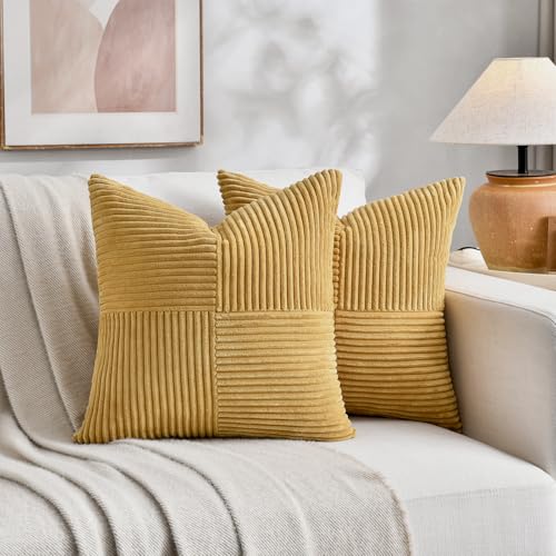 Fancy Homi 2 Packs Mustard Yellow Samll Decorative Throw Pillow Covers 12x12 Inch with for Couch Bed Sofa, Rustic Farmhouse Boho Home Decor, Soft Corss Patchwork Corduroy Square Cushion Case 30x30 cm - color: Mustard Yellow, size: 12" x 12" (Pack of 2)