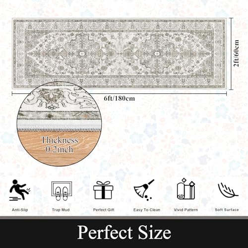 U'Artlines 2' x 6' Boho Hallway Runner Rug Vintage Farmhouse Non Slip Soft Washable Accent Runner Carpet for Kitchen, Entryway, Laundry, Living Room(Grey Taupe) - color: Grey Taupe, size: 2' x 6' (Runner)