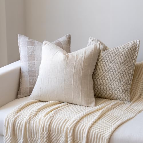 FIOUOVO Decorative Neutral Throw Pillow Covers 18x18 Farmhouse Pillow Covers Cotton Check Cushion Covers Home Decor for Sofa Couch Living Room Bedroom 1PC, Beige Check - color: Beige Check, size: 18" x 18" (Pack of 1)