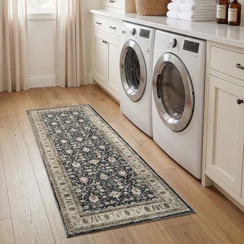 jinchan 2x6 Washable Vintage Runner Rug, Distressed Traditional Floral Kitchen Runner, Soft Low-Pile Non-Slip Floor Mat High-Traffic Aisle Hallway Rug for Entryway Laundry Room Bathroom, Black - color: Oriental Taupe on Black, size: 2' x 6' (Runner)