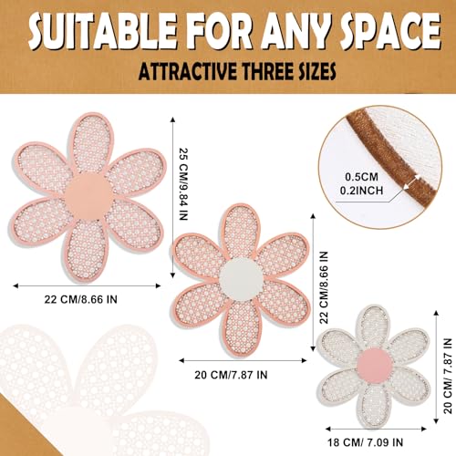Maitys 3 Pieces Boho Daisy Wall Decor Natural Rattan Flower Wall Hanging Art Wooden Boho Art Nursery Flowers Farmhouse Hanging Decor for Home Office Nursery(Rustic Color) - color: Rustic Color