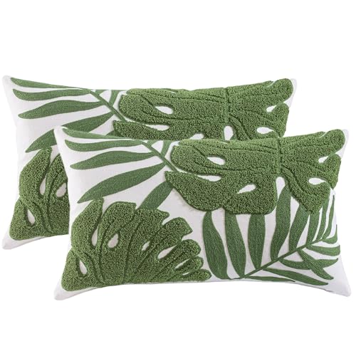 Embroidered Throw Pillow Covers 12x20 Pack of 2 Green Botanical Tropical Leaf Pillow Covers Beach Ocean-Themed Decorative Cushions Case Farmhouse Boho Plant Tufted Pillowcases for Summer - color: Green Tropical Leaf, size: 20" x 12" (Pack of 2)