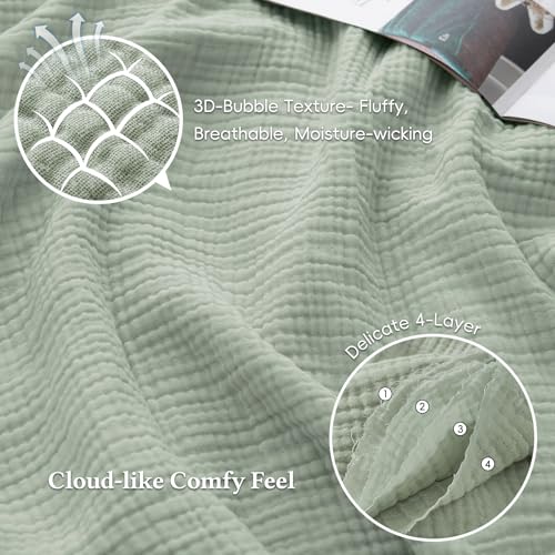 David's Home 100% Cotton Muslin Throw Blanket for College Dorm, 4-Layer Soft Breathable Lightweight Cozy Throw Guaze for Hot Sleepers, 3D Bubble Room Decor for Bed, Giftable, Sage Creen, 50"x70" - color: Sage Green, size: Throw XL(50x70")