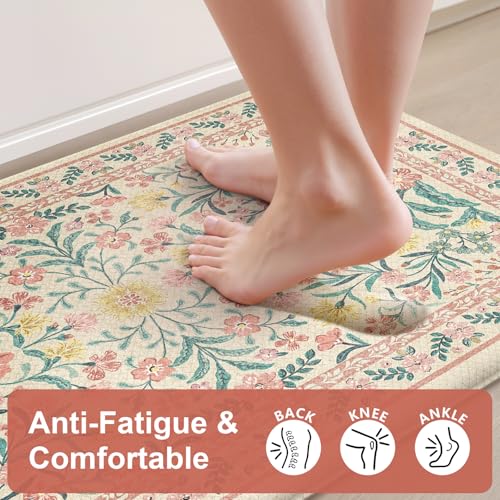 Collive Anti Fatigue Mats for Kitchen Floor, Cushioned Spring Kitchen Mat Comfort Waterproof Padded Sink Rugs Non Slip, Boho Floral Standing Rug for Office, Home Decor, 17"x30"+17"x59", Pink - color: Pink, size: 17.3"x59"+17.3"x29"