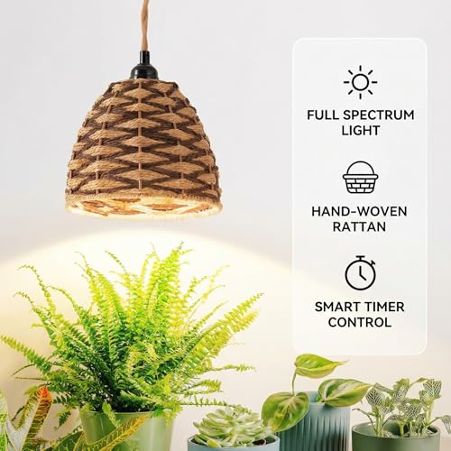 Hanging Grow Light, 30W LED Lamp with Timer for Indoor Plants | 4000K LED plant lamp with 15 ft cord, outlet timer, and boho paper rope shade for succulents, herbs, and low-light rooms. - color: Dome