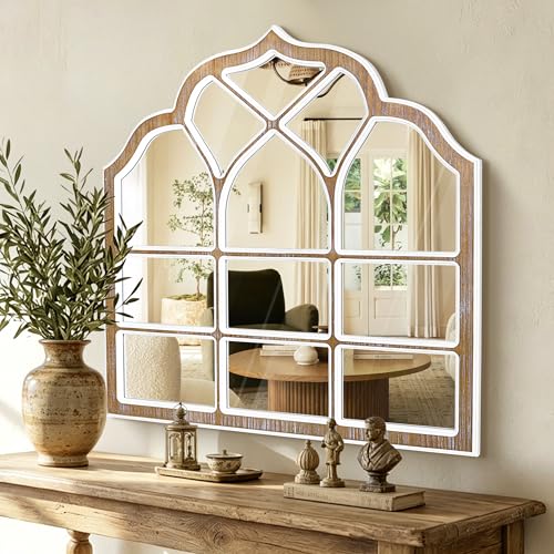 36x36 Inch Window Pane Wall Mirror, Farmhouse Gothic Arched Mirror, Rustic Decorative Cathedral Mirror for Living Room Entryway Home Decor - color: H - Window - 36x36 in