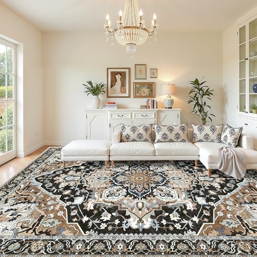9x12 Black Boho Farmhouse Rug - Washable Vintage Low Pile Carpet Non-Slip for Living Room, Dining Room Under Table - Soft Large Tumble Rug for High Traffic Bedroom, Bohemian Decor, Black Multi - color: Black & Multi, size: 9' x 12' (Rectangular)