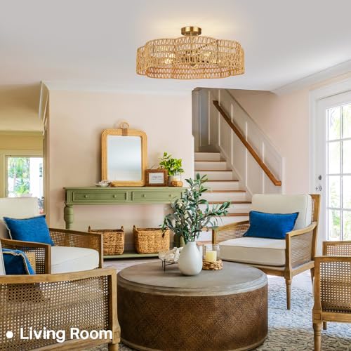 24” Boho Rattan Ceiling Light Fixture, Hand-Woven Wicker Flush Mount Chandelier, Rustic Coastal Scalloped Gold Base Semi Flush Lighting for Bedroom, Dining Room, Kitchen, Foyer, Living Room - color: Rattan A
