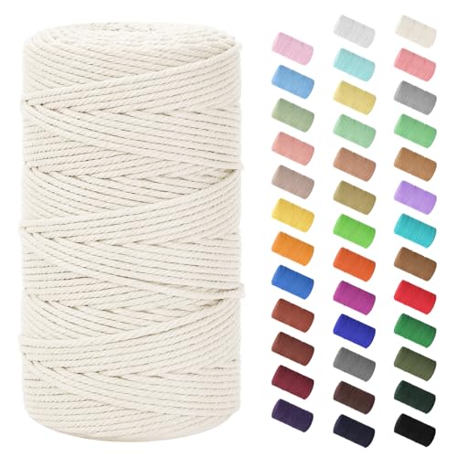 Macrame Cord 3mm x 220Yards (656Feet), Natural Cotton Macrame Rope - 4 Strands Twisted Macrame Cotton Cord for Wall Hanging, Plant Hangers, Crafts, Gift Wrapping and Wedding Decorations, Beige - color: Beige, size: 0.12 in x 220 yd