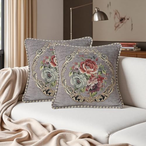 Set of 2 Vintage Floral Throw Pillow Covers 18x18 Inch, Gray Chenille Embroidered Cushion Cases, Decorative Euro Shams for Couch Sofa Bed Farmhouse Home Decor - color: Gray