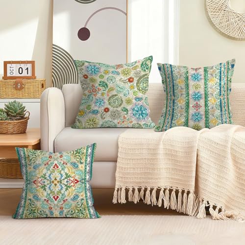 Boho Oriental Mandala Floral Throw Pillow Covers 18x18 Inch Set of 4 Vintage Paisley Geometric Flower Leaves Cushion Covers Home Decor for Couch Cushion Cases - color: Green