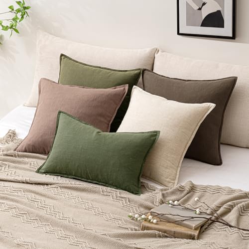 18x18 Inch Set of 2 Decorative Linen Solid Throw Pillow Covers Boho Accent Farmhouse Pillowcases Modern Netural Spring Home Decor for Couch Sofa Living Room Bed,Dark Olive Green - color: Dark Olive Green, size: 18" x 18" (Pack of 2)