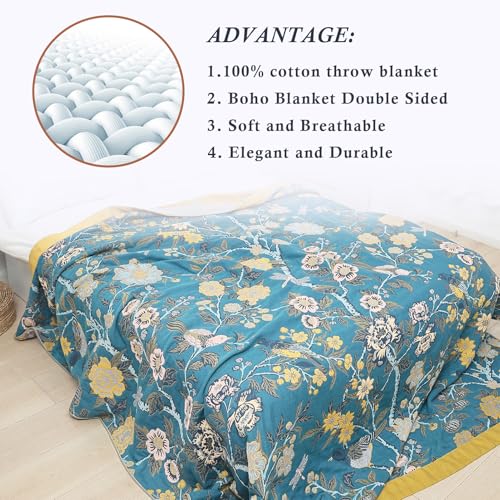 Snycler Boho Throw Blanket for Bed - 100% Cotton Ultra Soft Rustic Quilt Blanket Green Bird Floral Printed Farmhouse Decor Bed Blankets, 60"×80" All Season Rustic Throw for Sofa Couch Chair - color: Green Bird Floral, size: 60"x80"