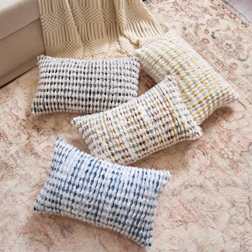 Aeckself Boho Chenille Tufted Pillow Cover 12x20 Inch, Rectangle Decorative Lumbar Throw Pillow Cover Neutral Pillowcase for Couch Bedroom Living Room, Blue White - color: Blue White, size: 20" x 12" (Pack of 1)