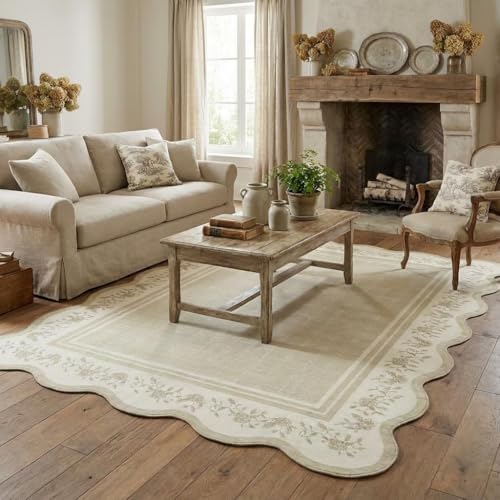 Garvee Washable Rugs for Living Room 8x10 Area Rugs for Bedroom Scalloped Rug Modern Bordered Non Slip Large Kids Bedroom Carpet Indoor Stain Resistant Floor Cover for Dining Room Office Nursery Beige - color: Beige, size: 8' x 10' (Rectangular)