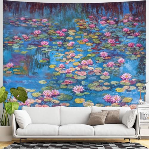 kampdream Landscape Tapestry, Scenery Art Wall Tapestries, Nature Wall Decor for Bedroom Living Room Backdrop Blue Impressionist Pond Lotus 36×48 inches - color: Blue Pond, size: 48"L x 36"W
