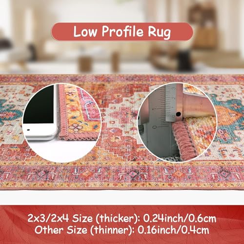 Moynesa Ultra-Thin Washable Runner Rug - Pink 2x4 Bedroom Bathroom Rug Runner Non-Slip Kitchen Rugs, Vintage Stain Resistance Low Pile Entryway Carpet Runner for Hallway Laundry Room - color: Pink/Multi, size: 2' x 4'