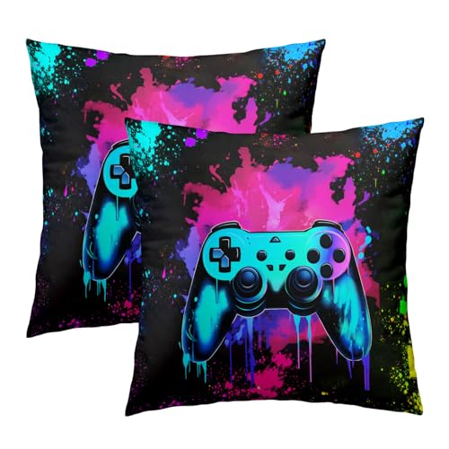 Blue Game Joystick Pillow Covers 16x16 Inch Set of 2, Colorful Abstract Graffiti Paint Splatters Throw Pillow Covers Square Black Cotton Cushion Cover for Home Couch Sofa Patio Bedroom Livingroom - color: Game Joystick240103, size: 16" x 16" (Pack of 2)