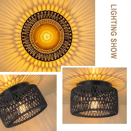 SineRise Rattan Ceiling Light Fixtures (12-Inch, LED Bulb Included), Hand-Woven Boho Flush Mount Ceiling Light, Rattan Chandelier for Hallway Kitchen Farmhouse Foyer Entryway Living Room(Black) - color: Black, size: Small