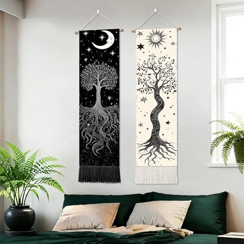 seewan 2 Pack Long Vertical Wall Tapestry, Boho Nature Landscape & Floral Aesthetic Wall Hanging for Bedroom Living Room Home Decor, Long Narrow Art Tapestry with Sunrise Mountain Botanical Designs, 13" × 51" (Night Forest Moon, 13"Wx51"H, Unframed) - col